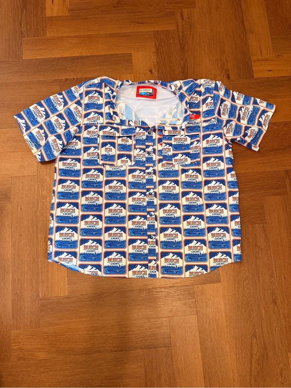 Magellan Outdoors Busch Light Button-Up Fishing Shirt 3XL Relaxed Fit Beer Print